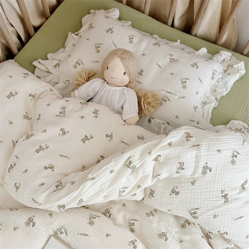 Korean Baby Girl Crib Bedding Set Bunny Rose Cherry Floral Cotton Muslin Cot Bedding Kit Duvet Cover Pillowcase No Filler