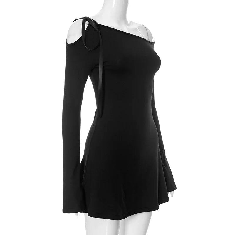 Long Shoulder Tie Up Hollow Out Mini Dress