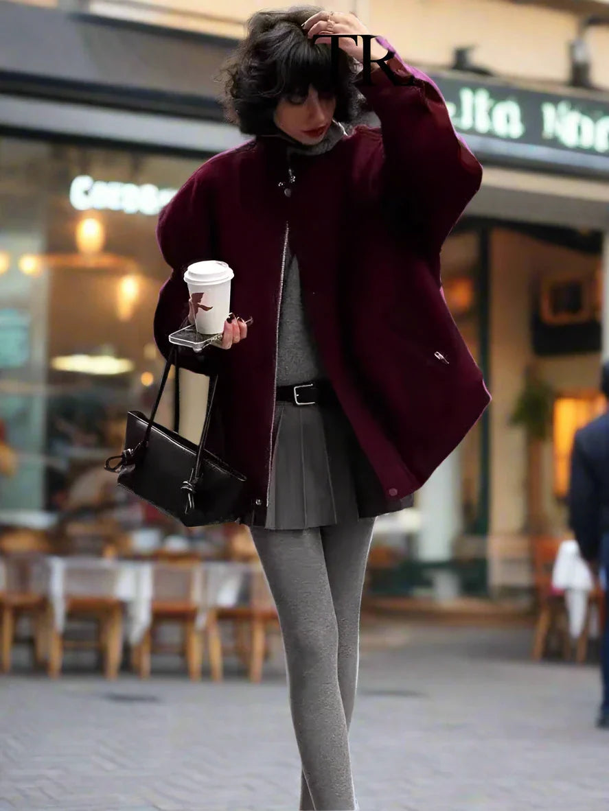 Burgundy Solid Baseball Jacket