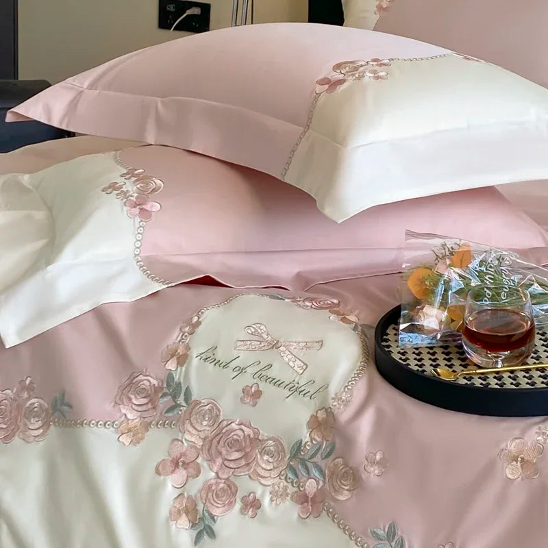 4pcs/Set Class A Grade High-end 200s Long-staple Pure Cotton Embroidery Quilt Covers Pillowcases Sheet Bedding Set