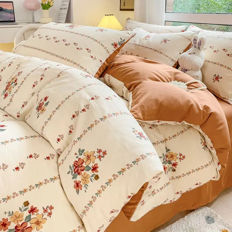 Bedding Set INS Girls Cherry Soft Washed Cotton Bed Sheet Queen King Size Duvet Set Comforter Set Pillowcase Bed Linens