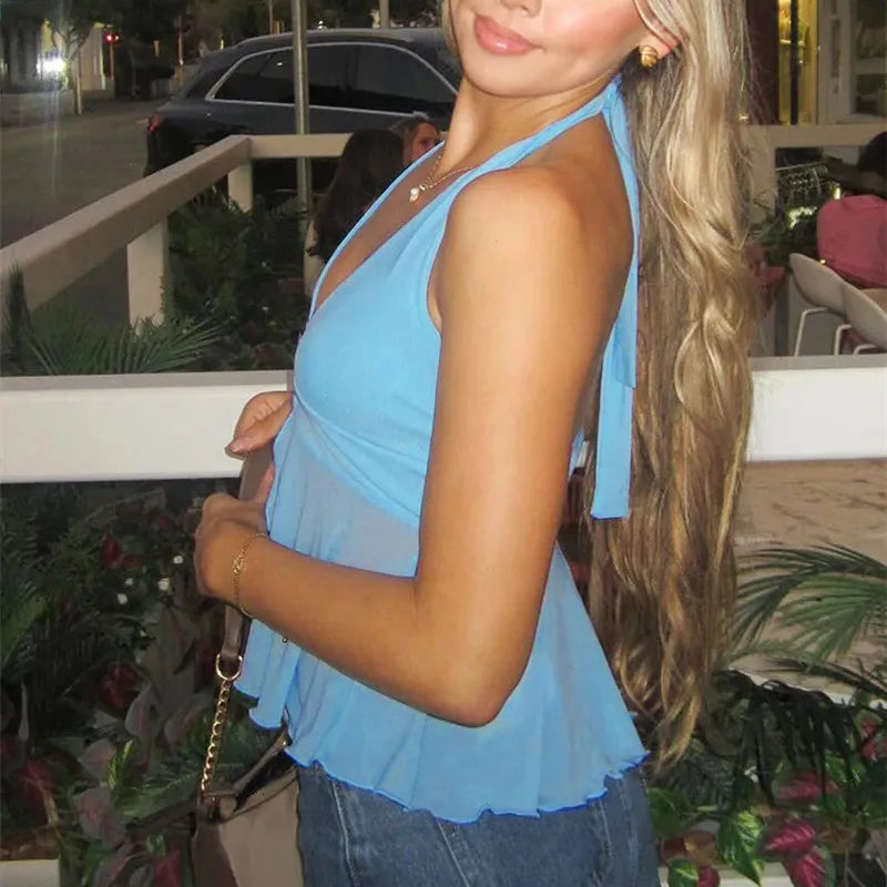 Halter Neck Slit Buckle Tank Top