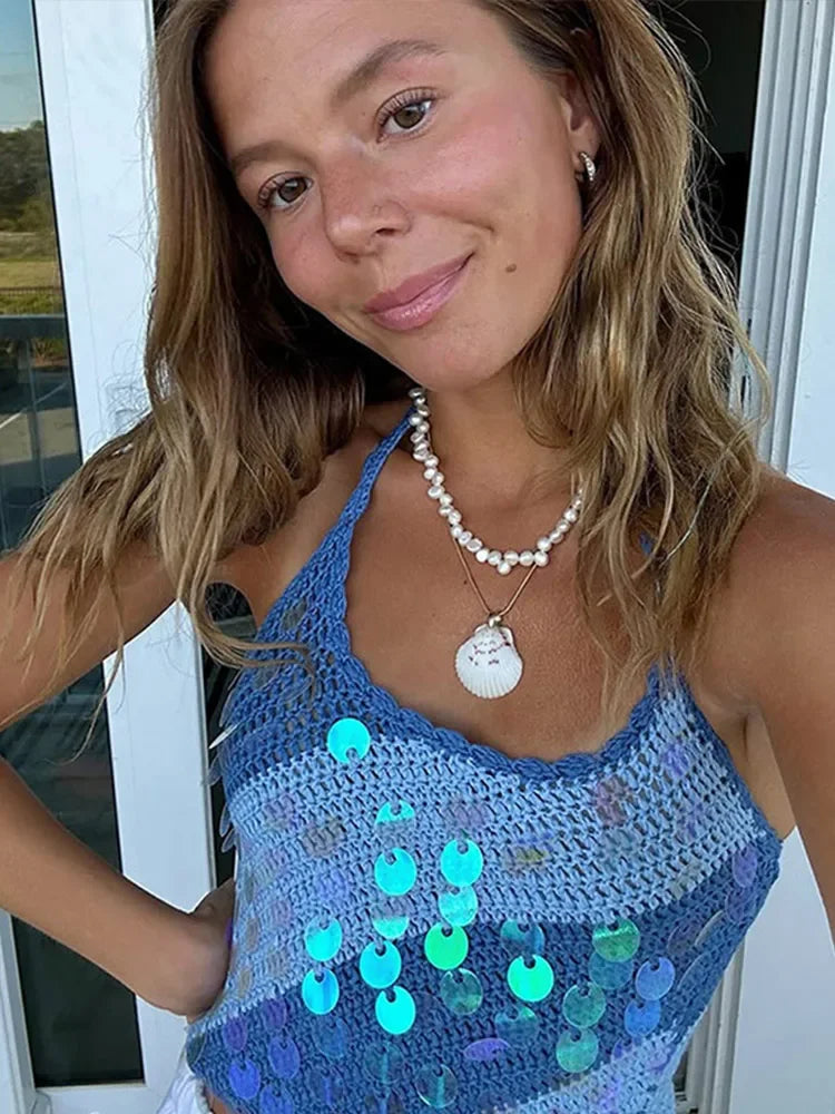 Blue Sequins Knitted Tank Top