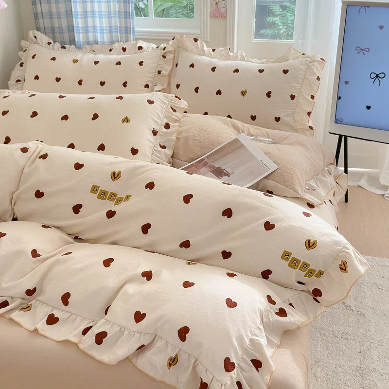 4pcs Korean lace Duvet Cover Set (1*Duvet Cover +1 flat sheet + 2*Pillowcase, Without Core), Fresh Flower Print Bedding Set