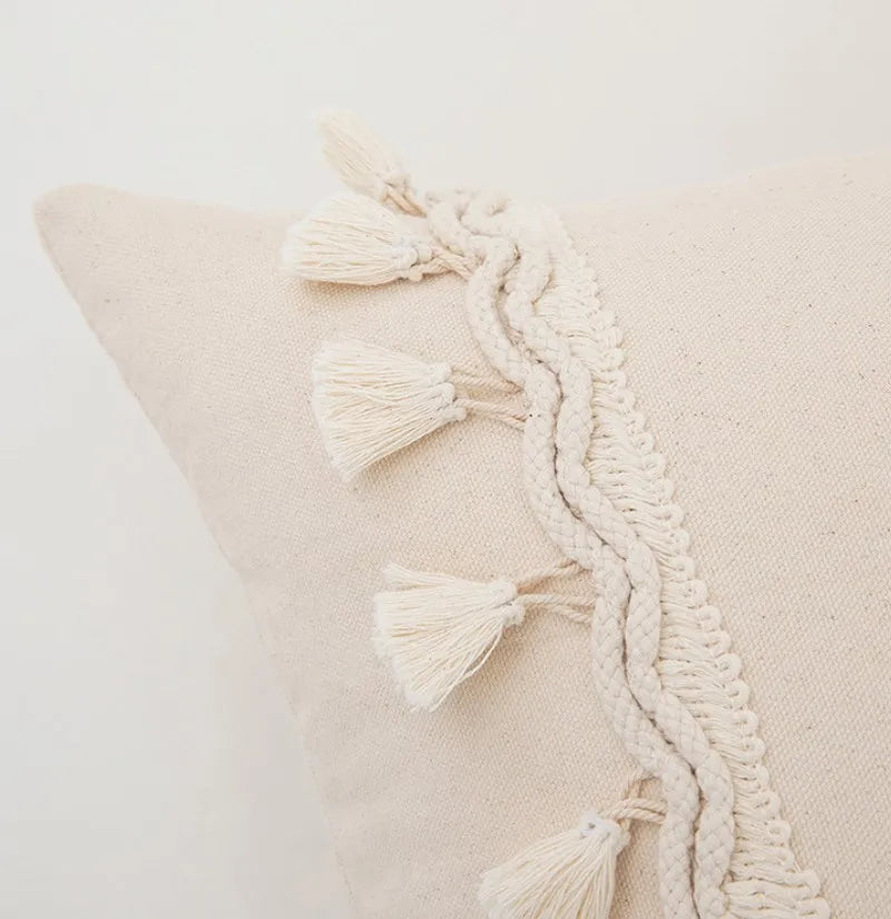 Cotton Linen Boho Cushion Cover for Sofa Couch Bench Car Home Decor Comfy Square Farmhouse Cushion Pillow Case with Tassel
