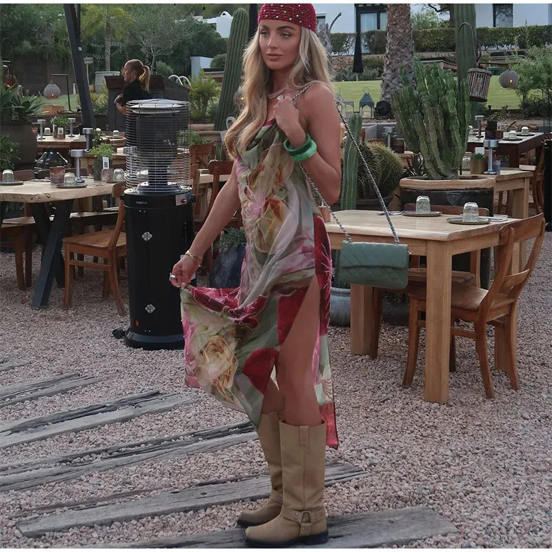 Printed Embroidered Cami Maxi Dress �Halter Neck Style