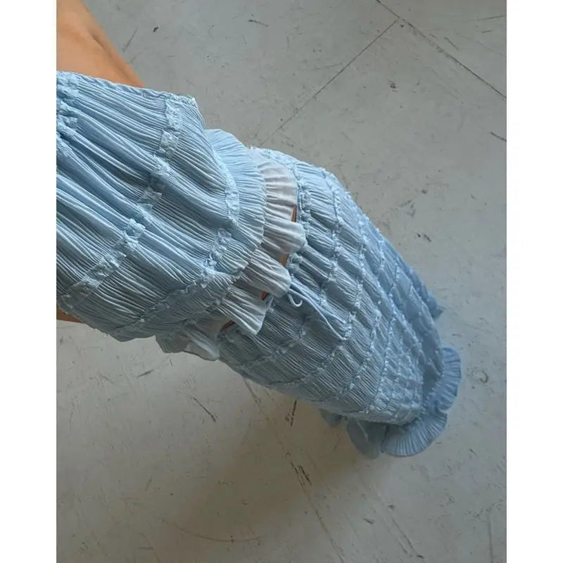 Blue Smocked Open Back Top And Drawstring Long Tiered Skirt
