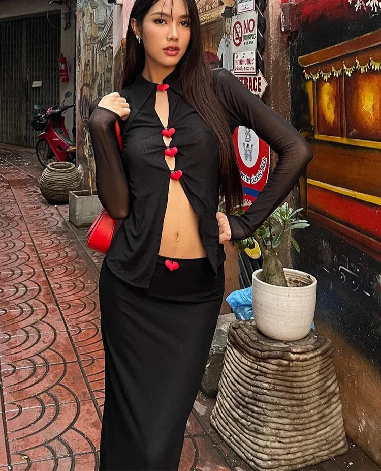 Black Mesh Top And Maxi Skirt Outfit Set