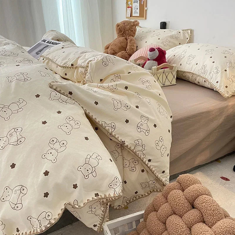 Bedding Set Girls Cherry Soft Washed Cotton Bed Sheet Queen King Size Duvet Set Comforter Set Pillowcase Bed Linens