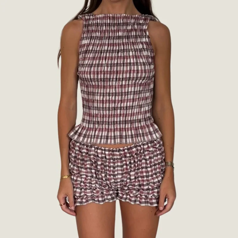 Elastic Plaid Ruched Crop Top And Shorts Set