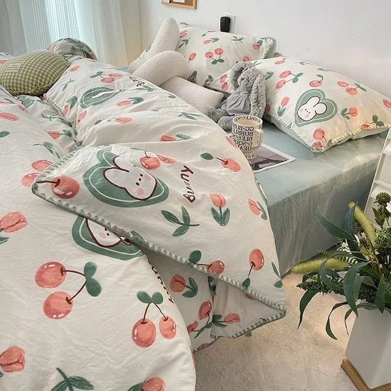 Bedding Set Girls Cherry Soft Washed Cotton Bed Sheet Queen King Size Duvet Set Comforter Set Pillowcase Bed Linens