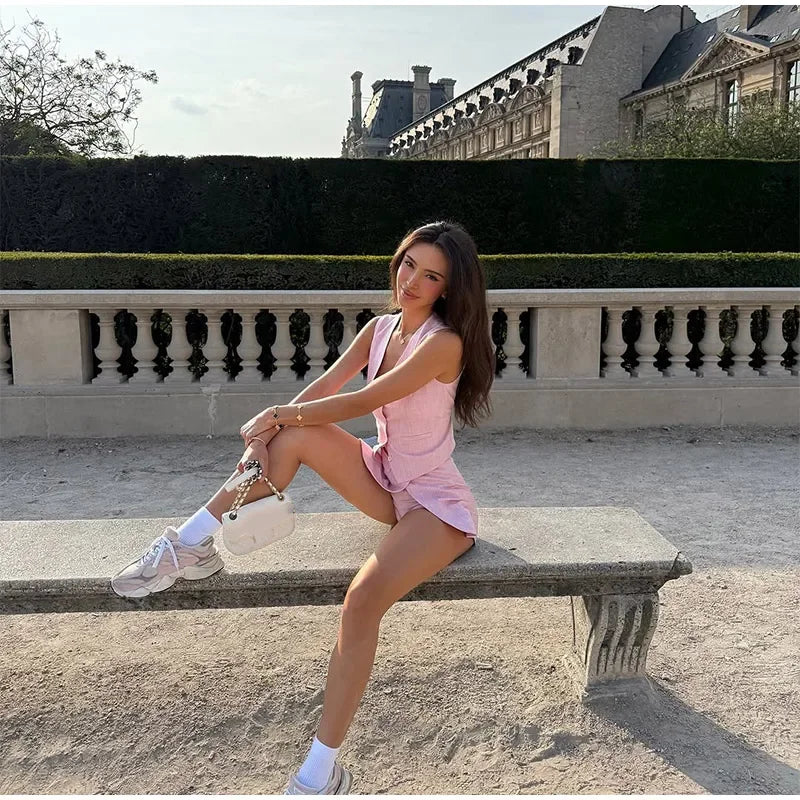 Pink Sleeveless Vest And Mini Skirt Set