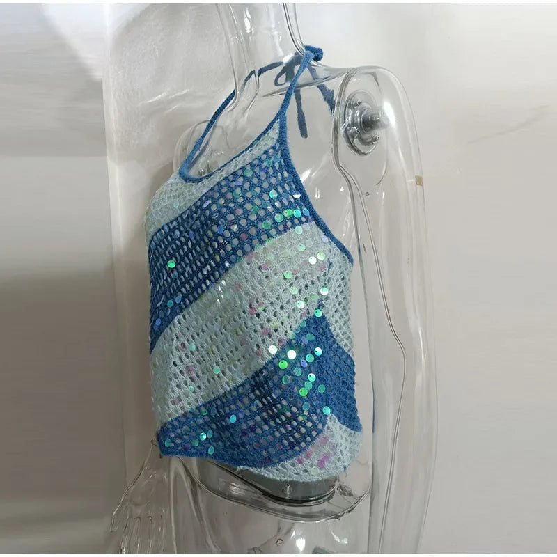 Blue Sequins Knitted Tank Top