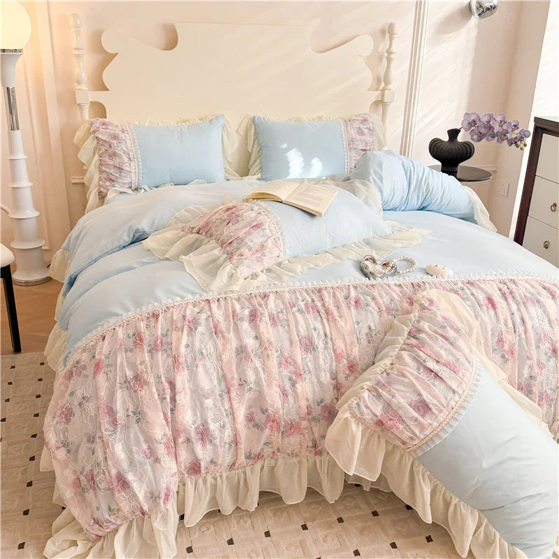 Princess Style Duvet Cover Sets with Lace Embroidery Bed Cover for Girls Queen/King Size 이불커버 Soft Pink Bedding with Ruffles