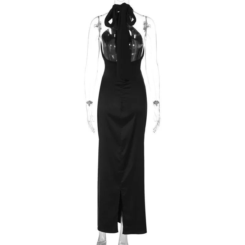 Halter Criss Cross Tie Up Black Satin Maxi Dress