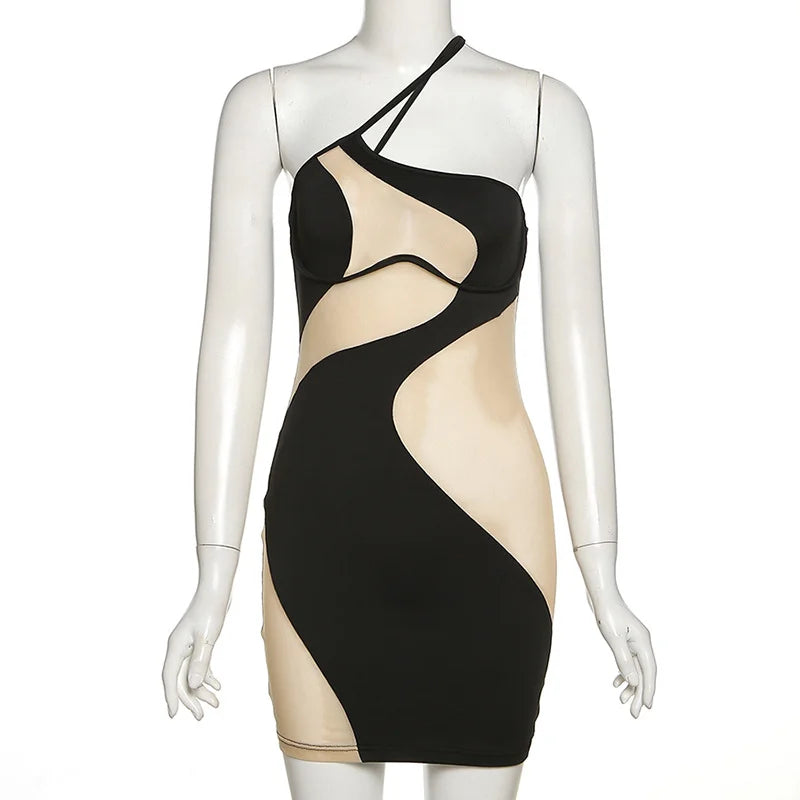 Black Asymmetric Mesh Patchwork One Shoulder Mini Dress