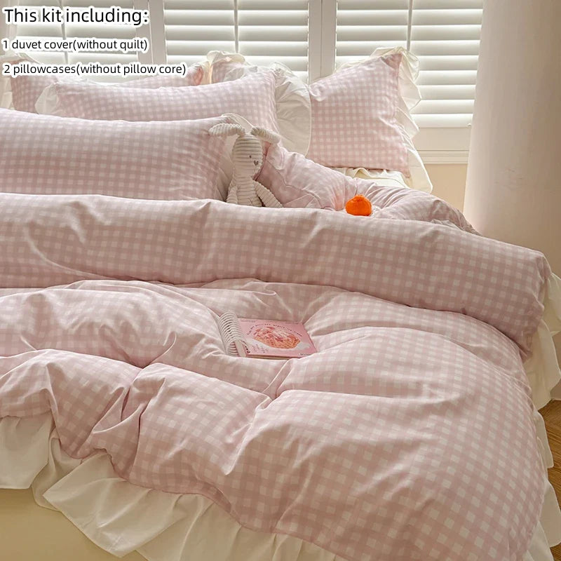 4pcs Korean lace Duvet Cover Set (1*Duvet Cover +1 flat sheet + 2*Pillowcase, Without Core), Pink checkered print Bedding Set
