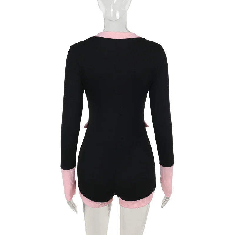 Color Block Ribbed Long Sleeve Playsuit - Gold Button Front Romper