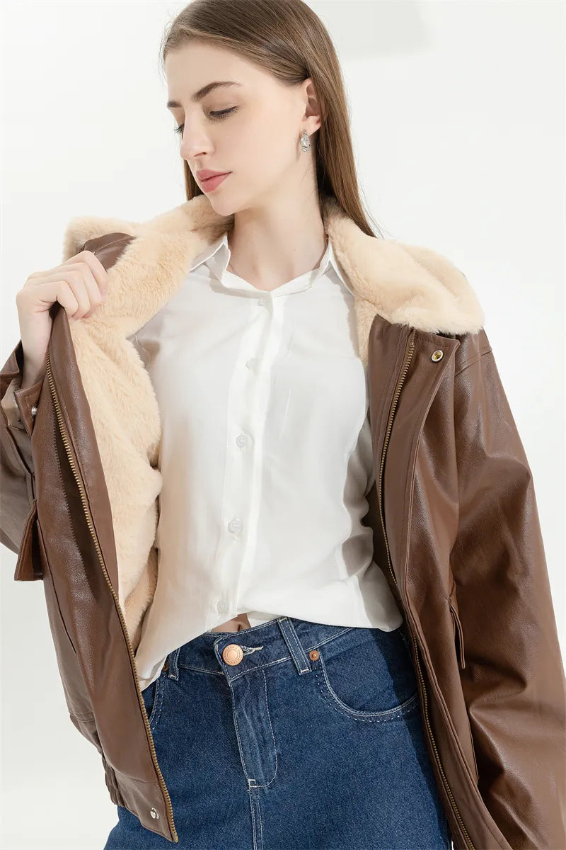Faux Leather Lining Bomber Jacket