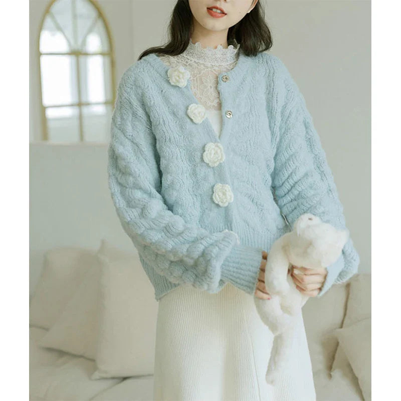 Blue Knitted Rose Buttoned Cardigan