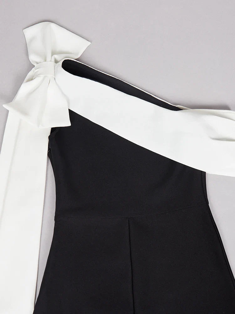 Black One Shoulder Contrast Tie Up Midi Dress