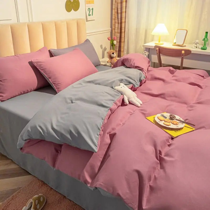 Korean Solid Purple Bedding Set Soft Flat Sheet Duvet Cover Pillowcase Polyester Bed Linen Twin Queen Full Size Quilt Cover Set