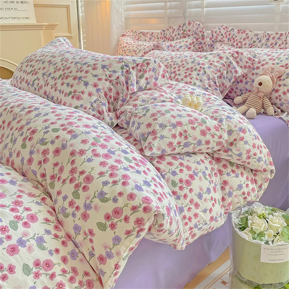 Fresh Plant Flower Bed Sheet for Children and Adults Four-Piece Bed Set Pillowcases Soft Washed Cotton Home Textiles