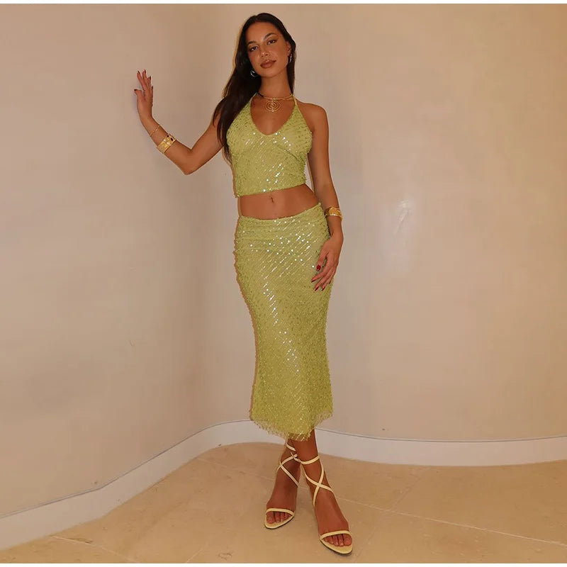 Green Sequin V-neck Halter Tie And Midi Skirt Set