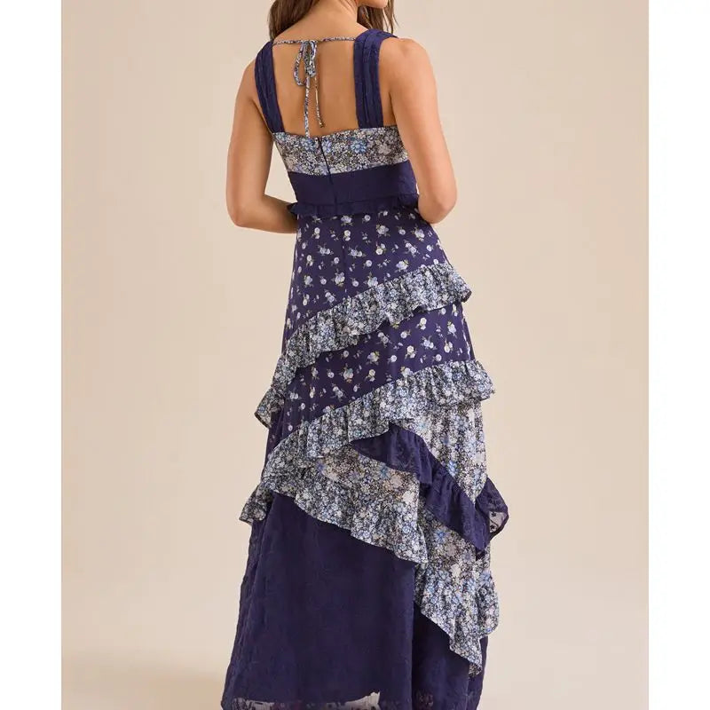 Blue Floral Print Ruffled Maxi Dress