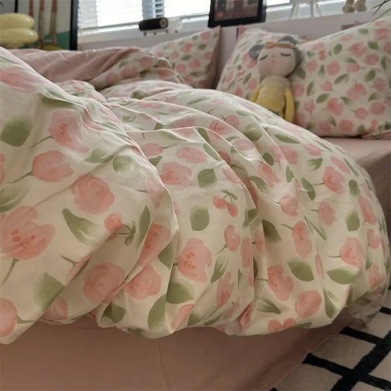 Romantic Cherry Heart Duvet Cover Set Flat Sheet Pillowcases Fashion New Twin Full Floral Summer Spring Bedding Set