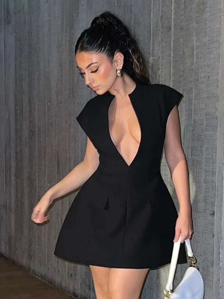 Black Deep Neck Short Sleeve Solid Mini Dress
