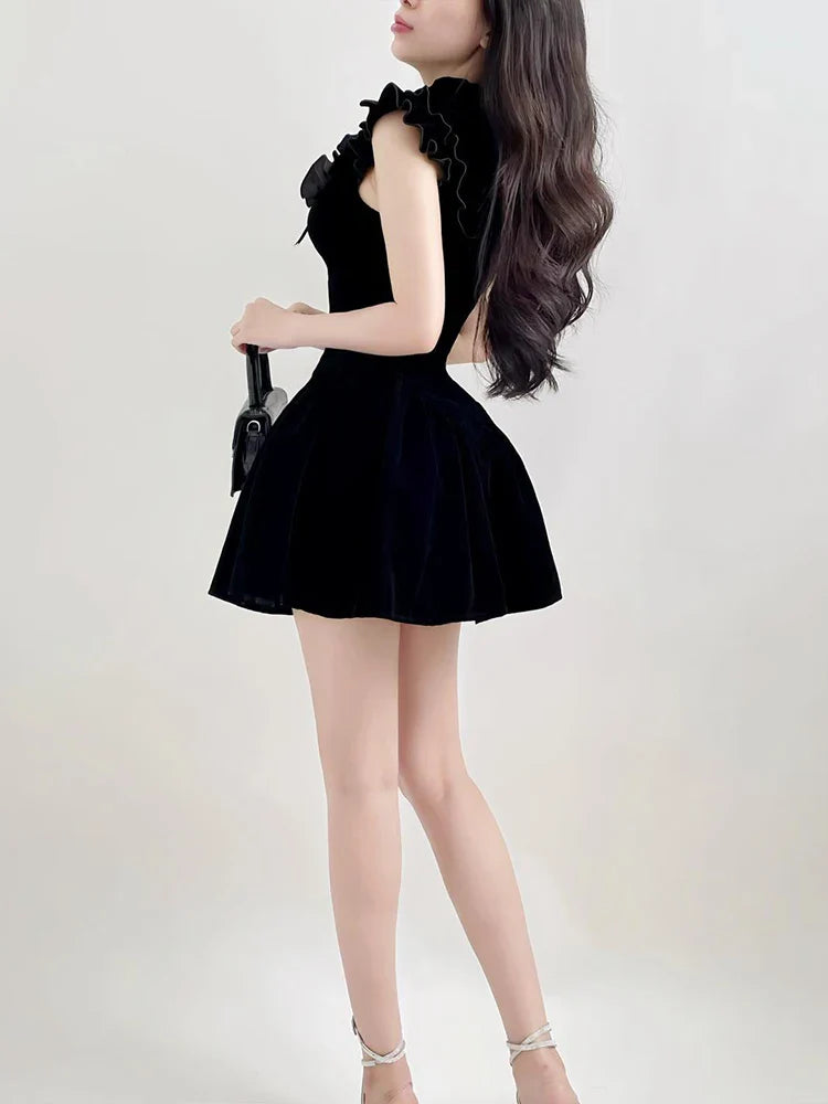 Ruffle Sleeve High Neck Velvet Black Mini Dress