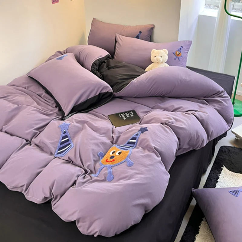 Ins Cartoon Panda Bedding Set Towel Embroidery Duvet Cover Queen Twin Full Size Grey Bed Flat Sheet Quilt Cover Pillowcases
