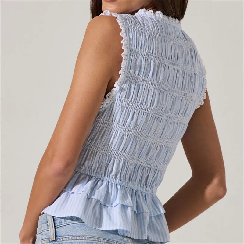 Sleeveless V Neck Bow Smocked Crop Top