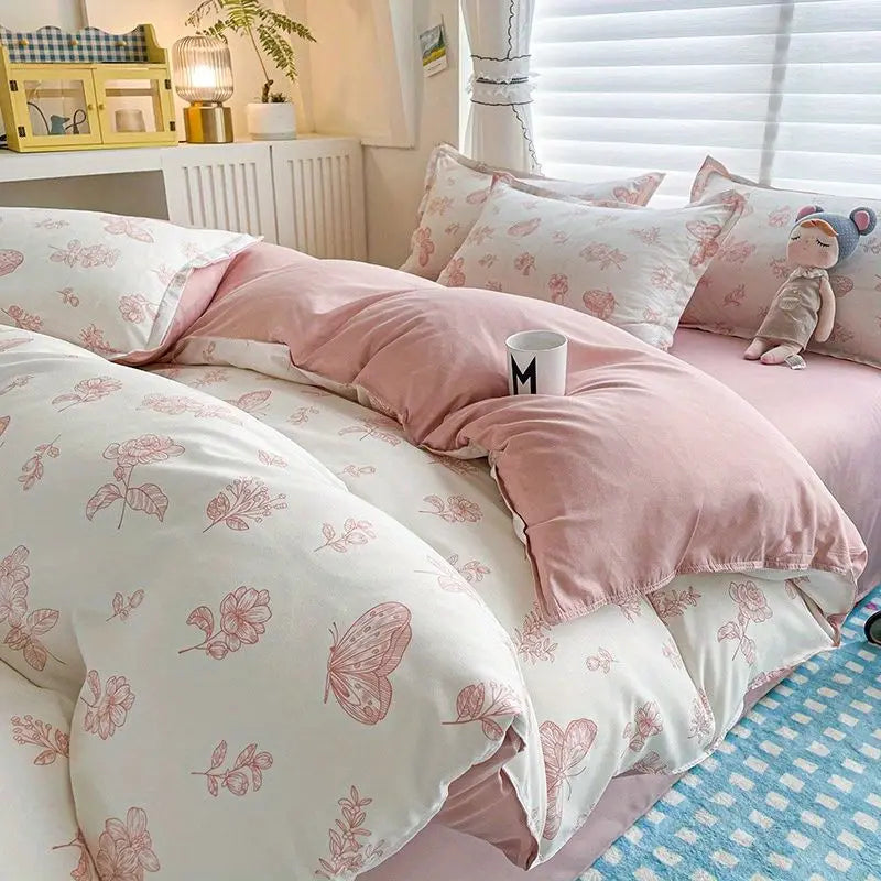 Romantic Cherry Heart Duvet Cover Set Flat Sheet Pillowcases Fashion New Twin Full Floral Summer Spring Bedding Set