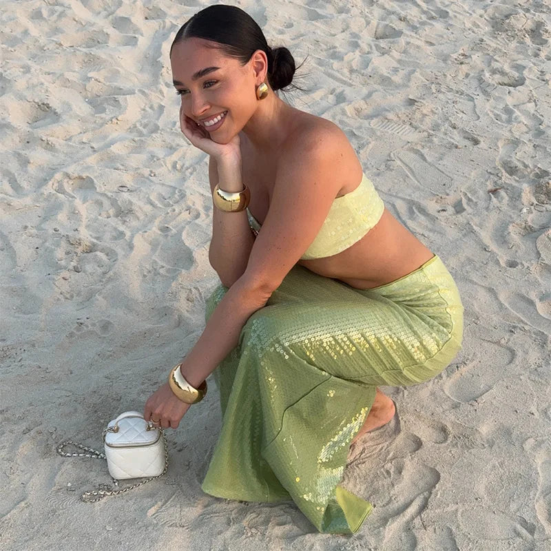 Green Ombré Starfish Sequin Bralette And Maxi Skirt Set