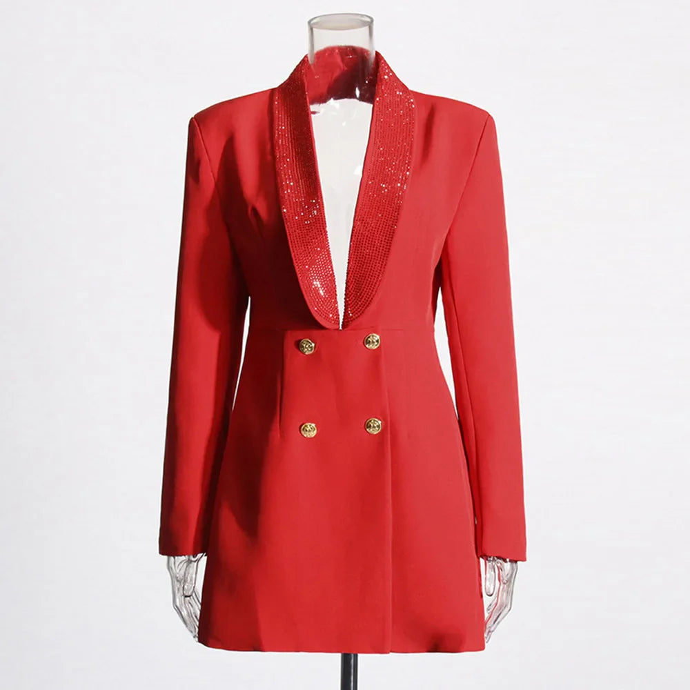 Red Sequin Collar Open Back Blazer Dress