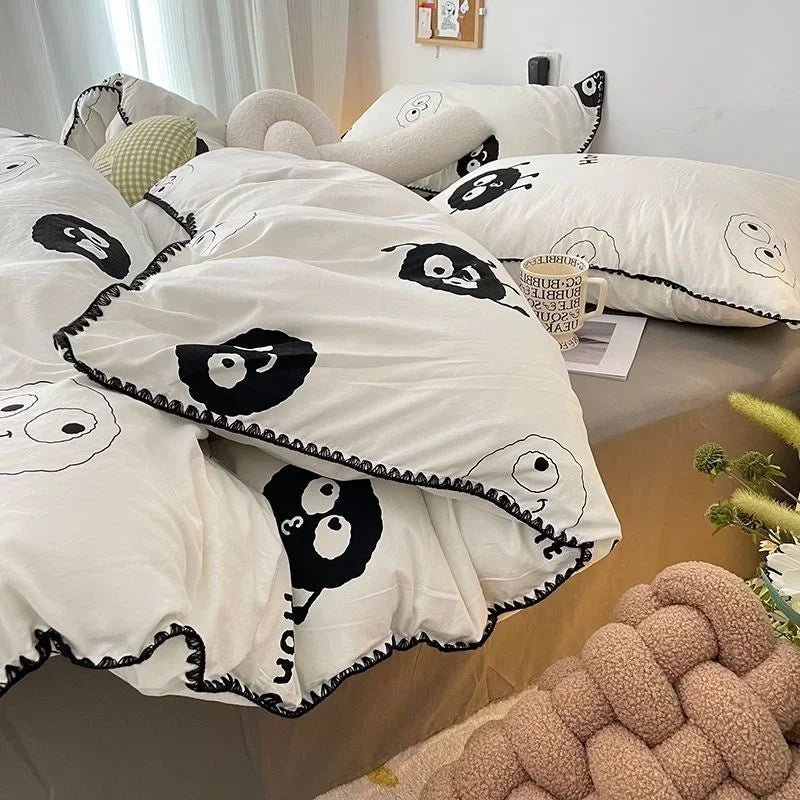 Bedding Set Girls Cherry Soft Washed Cotton Bed Sheet Queen King Size Duvet Set Comforter Set Pillowcase Bed Linens