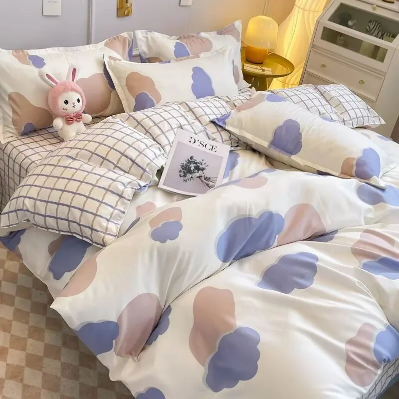 Korean Style Fashion Bedding Set Kids Adults Twin Full Queen Size Blue Bed Flat Sheet Duvet Cover Pillowcases Floral Bed Linen