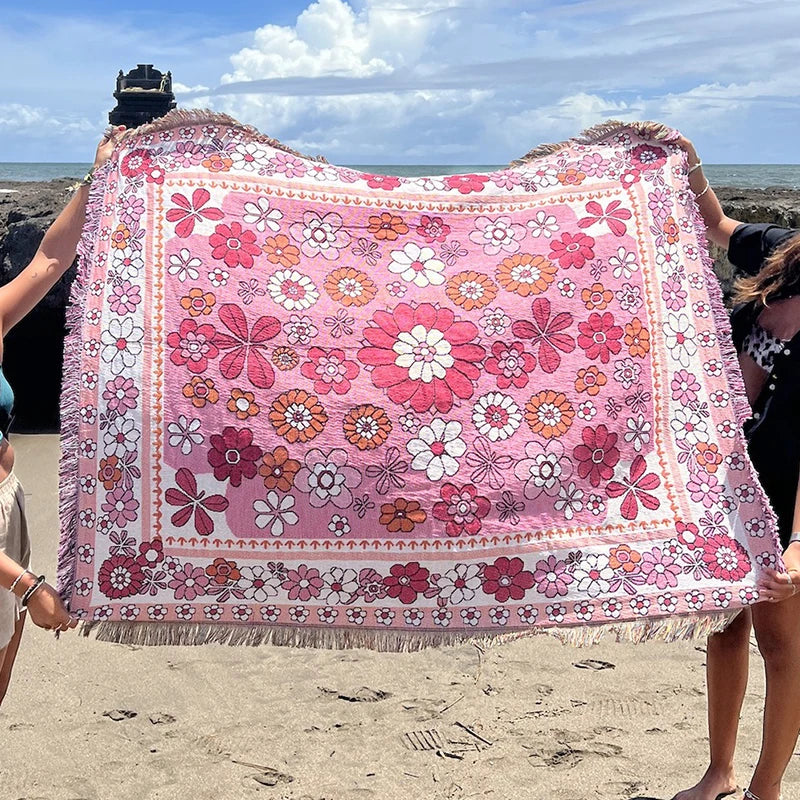 Europe Style Sofa Throw Blanket Cotton Thread Knitted Blanket with Tassel Floral Bohemian Sofa Cover Bed Blanket Camping Rug