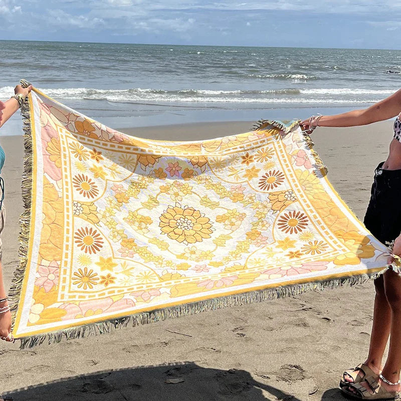 Europe Style Sofa Throw Blanket Cotton Thread Knitted Blanket with Tassel Floral Bohemian Sofa Cover Bed Blanket Camping Rug
