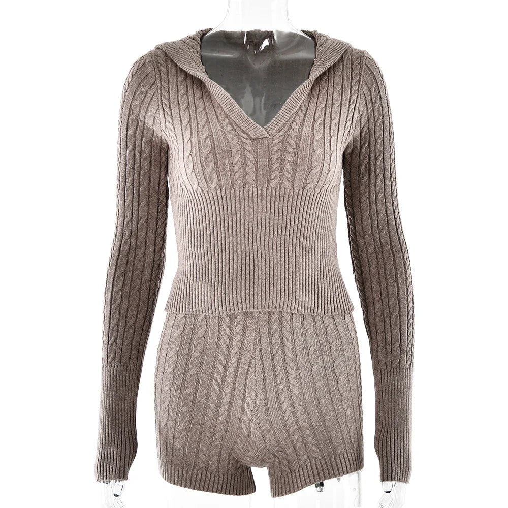 Long Sleeve Knitted V-Neck Hooded Sweater And Shorts Set