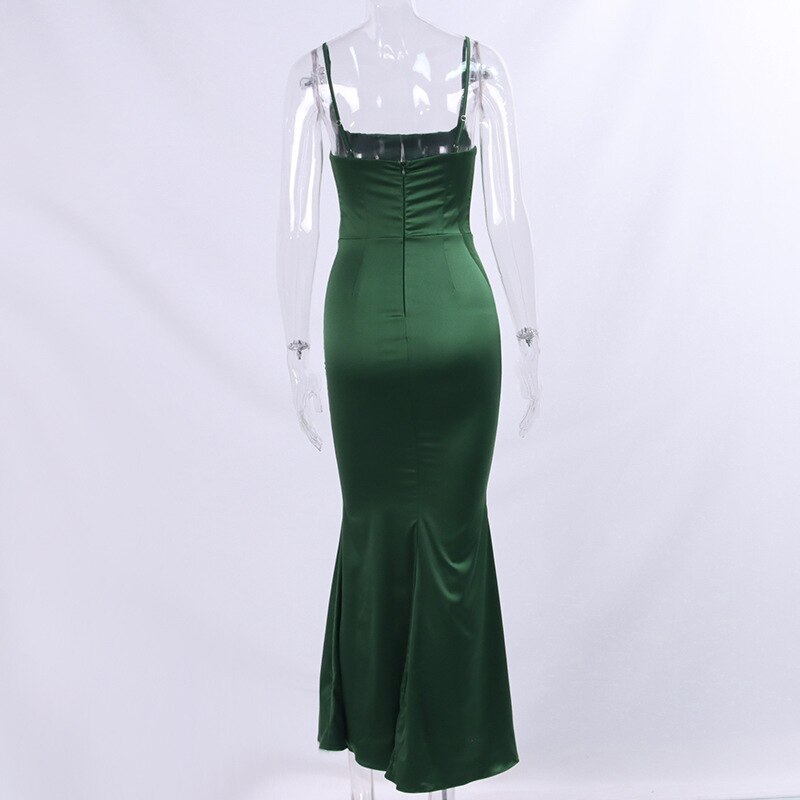 Green Satin Strappy Corset Maxi Dress