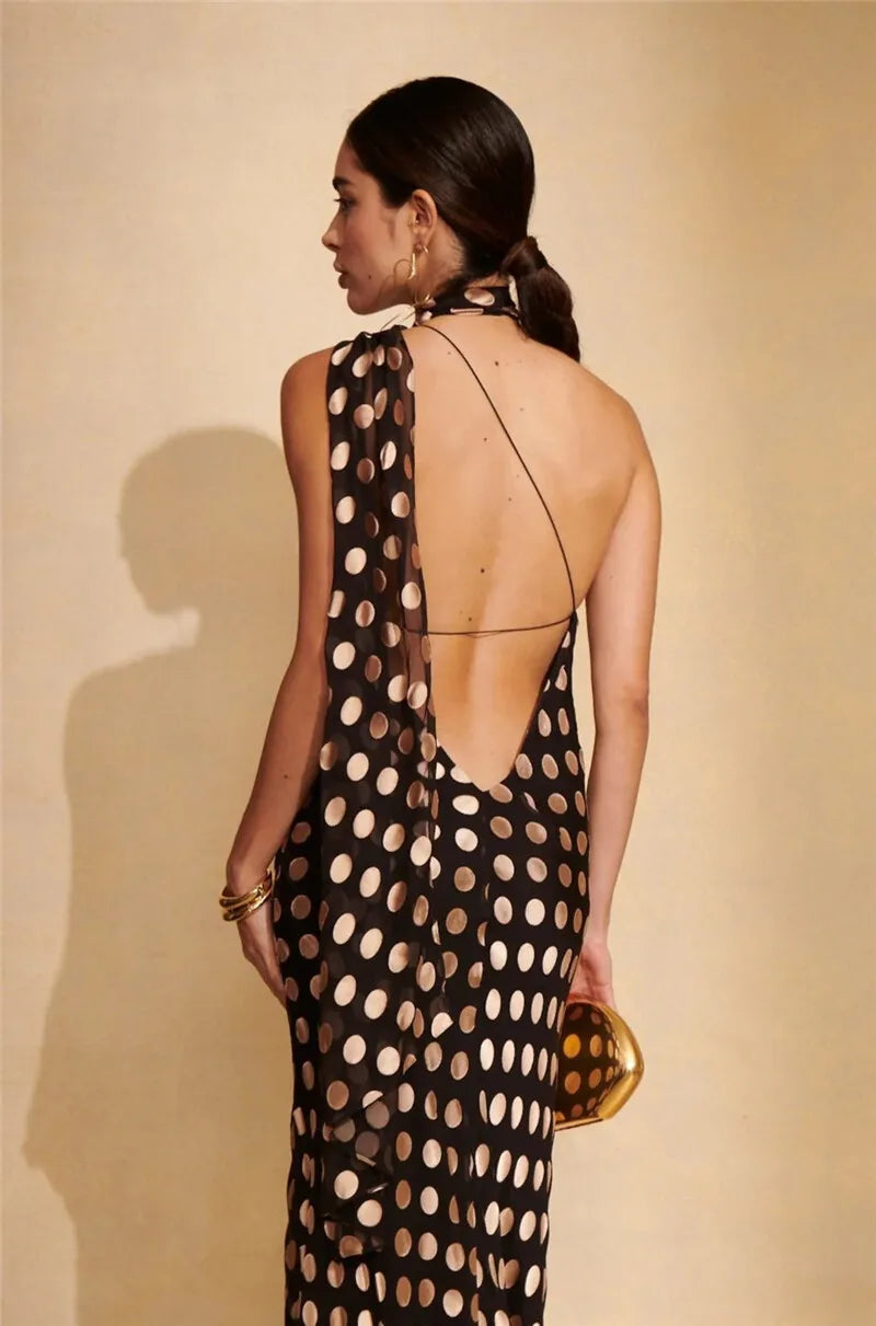 Black Polka Dot Halter Drape Midi Dress