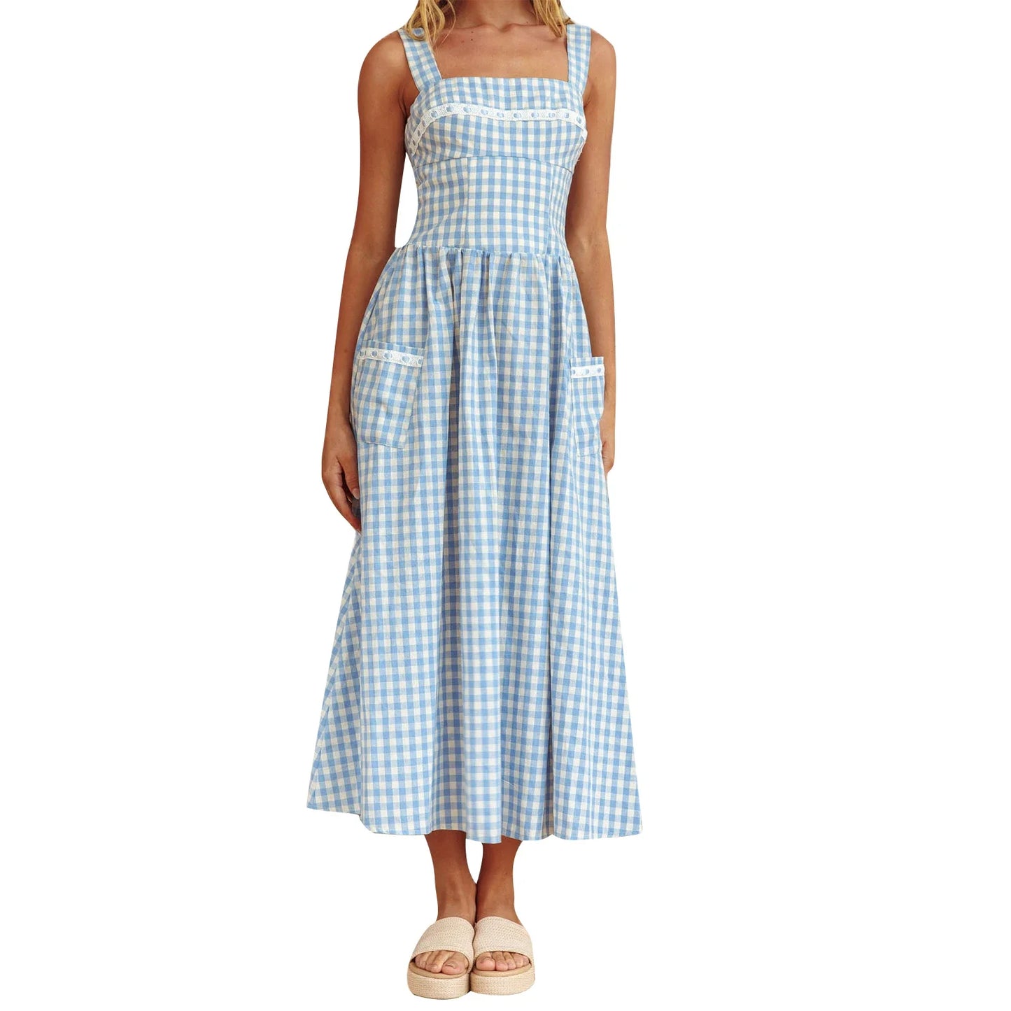 Gingham Strap Pocket Midi Dress