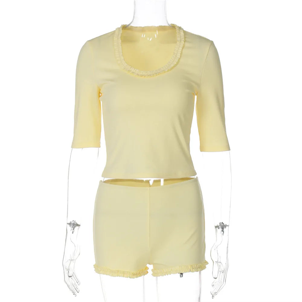 Yellow Ruffled Trim Top And Shorts Set