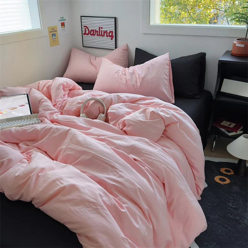 INS Hot Coffee Bedding Set For Girls Soft Washed Cotton Bed Sheet Queen King Size Duvet Set Comforter Set Pillowcase Bed Linens