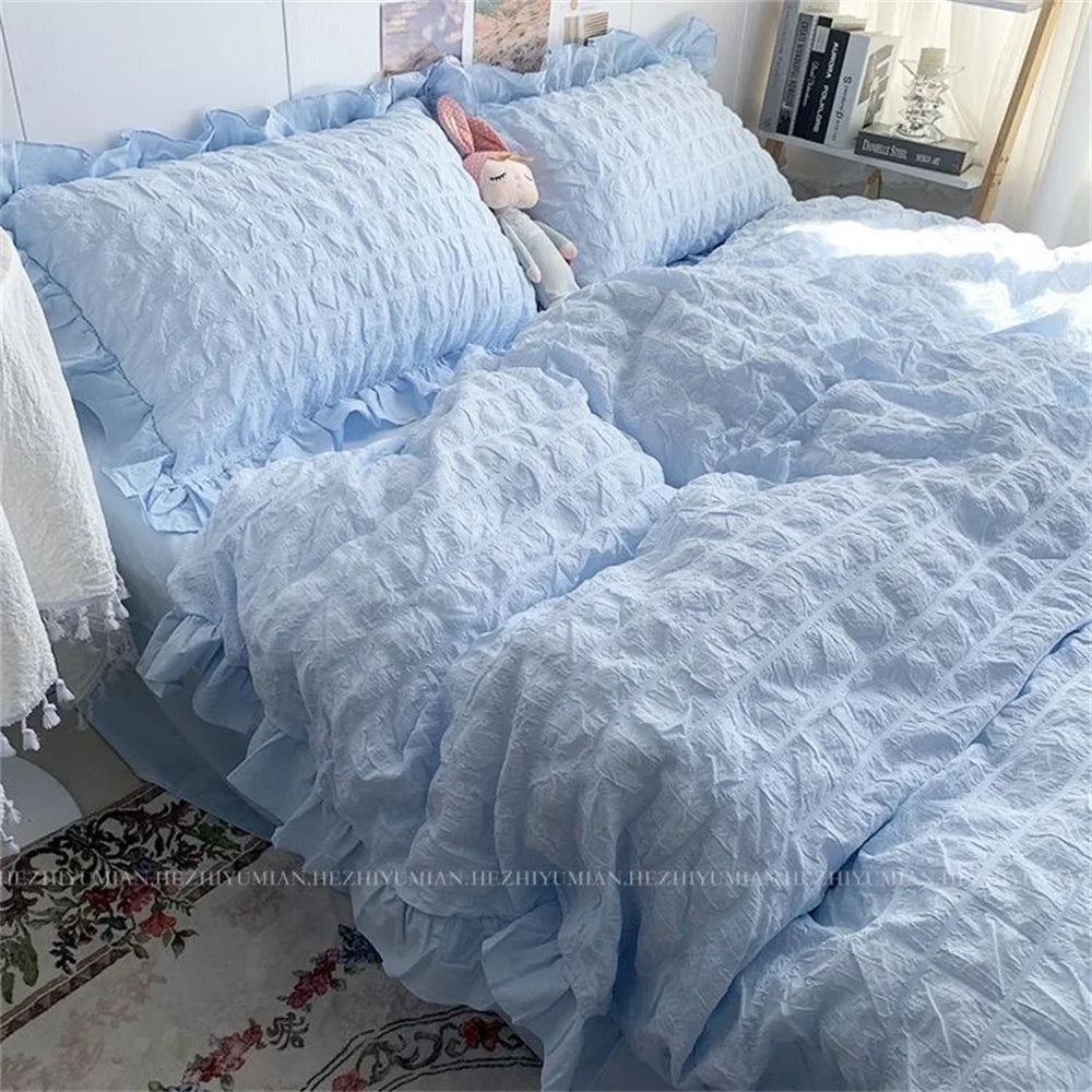 INS Girl Blue Bedding Sets Solid Color Seersucker Ruffles Lace Kawaii Soft Sheet Woman Duvet Cover Pillow Covers Quilt Cover