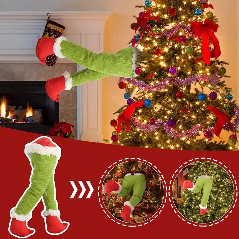 1pcs Christmas Festival Decoration Grinch Green Artificial Leg Tree Decoration Santa Claus Elf Leg Christmas