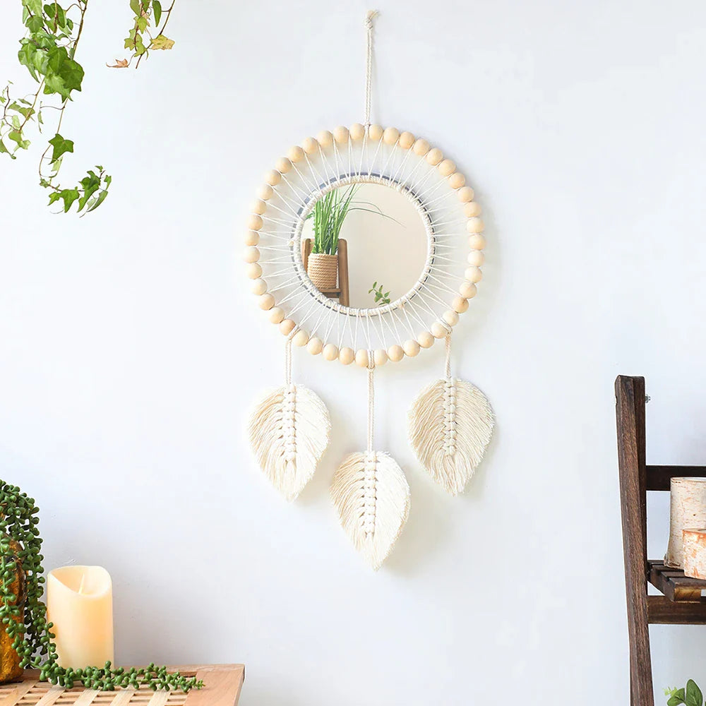 Macrame Decorative Wall Mirror Boho Home Decor Makeup Aesthetic Mirrors Living Room Bedroom Christmas Wedding Decoration Gift
